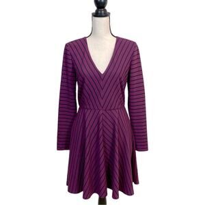 Hutch Plum Purple and Black Striped V-Neck Fit & Flare Dress Size Medium